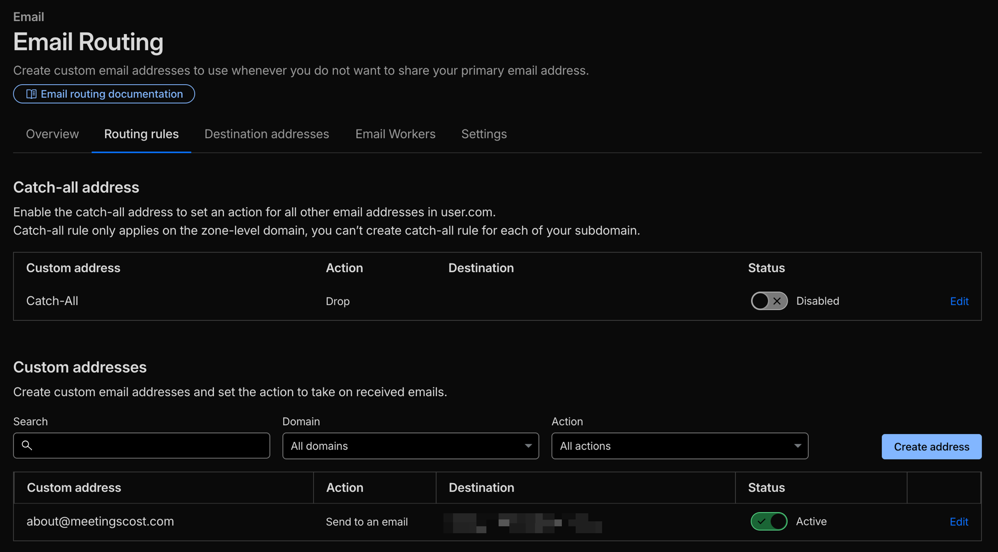 Cloudflare Email Routing rules showing about@meetingscost.com forwarding to a personal email address
